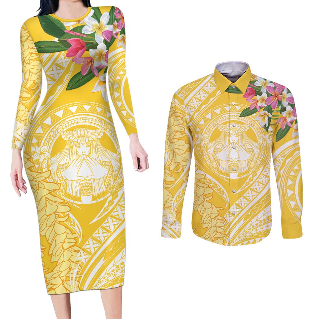Aloha Hawaii Oahu Couples Matching Long Sleeve Bodycon Dress and Long Sleeve Button Shirt Wahine with Ilima Lei LT7 Yellow - Polynesian Pride