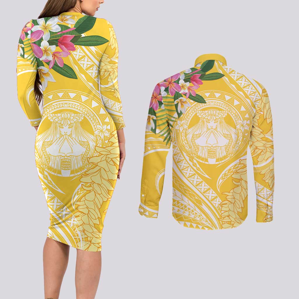 Aloha Hawaii Oahu Couples Matching Long Sleeve Bodycon Dress and Long Sleeve Button Shirt Wahine with Ilima Lei LT7 - Polynesian Pride