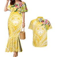 Aloha Hawaii Oahu Couples Matching Mermaid Dress and Hawaiian Shirt Wahine with Ilima Lei LT7 Yellow - Polynesian Pride
