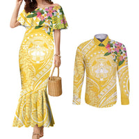 Aloha Hawaii Oahu Couples Matching Mermaid Dress and Long Sleeve Button Shirt Wahine with Ilima Lei LT7 Yellow - Polynesian Pride