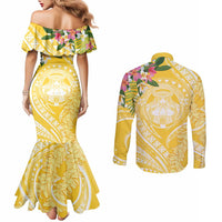 Aloha Hawaii Oahu Couples Matching Mermaid Dress and Long Sleeve Button Shirt Wahine with Ilima Lei LT7 - Polynesian Pride