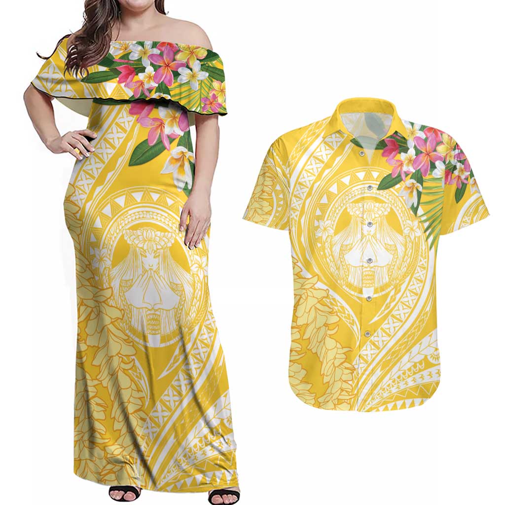 Aloha Hawaii Oahu Couples Matching Off Shoulder Maxi Dress and Hawaiian Shirt Wahine with Ilima Lei LT7 Yellow - Polynesian Pride