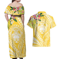 Aloha Hawaii Oahu Couples Matching Off Shoulder Maxi Dress and Hawaiian Shirt Wahine with Ilima Lei LT7 - Polynesian Pride
