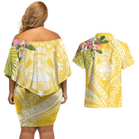 Aloha Hawaii Oahu Couples Matching Off Shoulder Short Dress and Hawaiian Shirt Wahine with Ilima Lei LT7 - Polynesian Pride