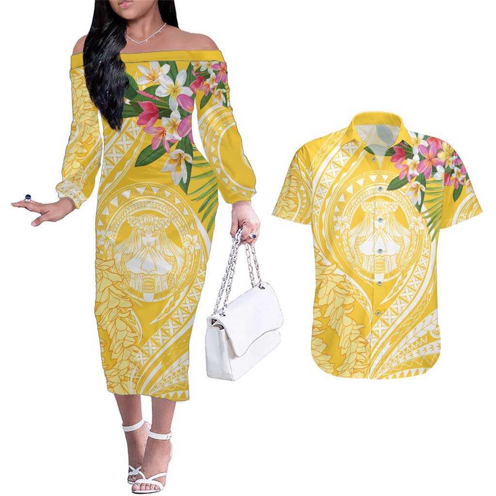 Aloha Hawaii Oahu Couples Matching Off The Shoulder Long Sleeve Dress and Hawaiian Shirt Wahine with Ilima Lei LT7 Yellow - Polynesian Pride