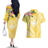 Aloha Hawaii Oahu Couples Matching Off The Shoulder Long Sleeve Dress and Hawaiian Shirt Wahine with Ilima Lei LT7 - Polynesian Pride