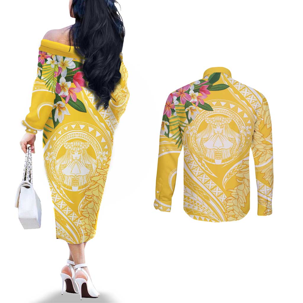 Aloha Hawaii Oahu Couples Matching Off The Shoulder Long Sleeve Dress and Long Sleeve Button Shirt Wahine with Ilima Lei LT7 - Polynesian Pride