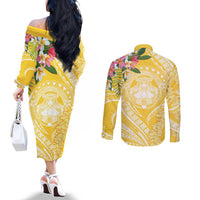 Aloha Hawaii Oahu Couples Matching Off The Shoulder Long Sleeve Dress and Long Sleeve Button Shirt Wahine with Ilima Lei LT7 - Polynesian Pride