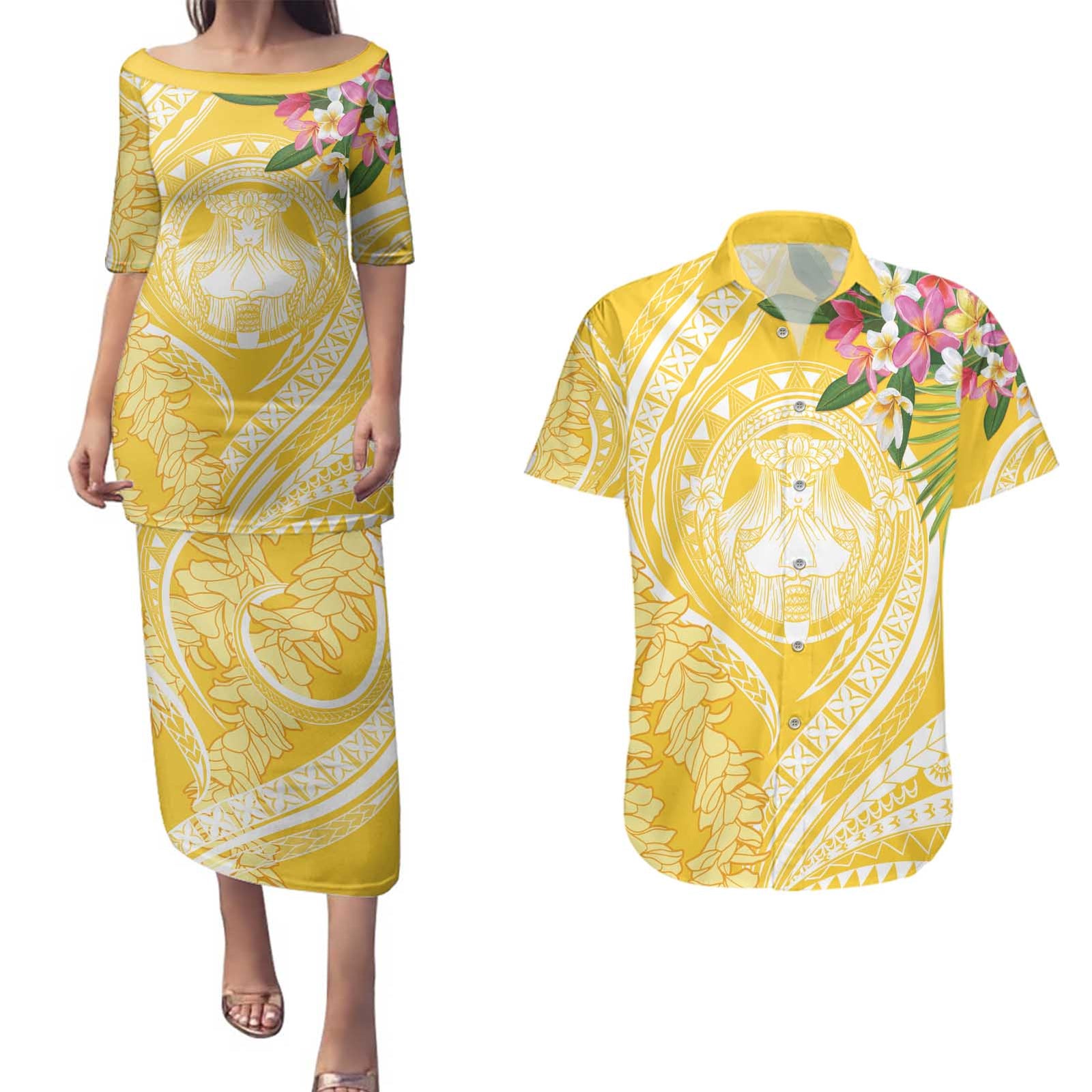 Aloha Hawaii Oahu Couples Matching Puletasi and Hawaiian Shirt Wahine with Ilima Lei LT7 Yellow - Polynesian Pride
