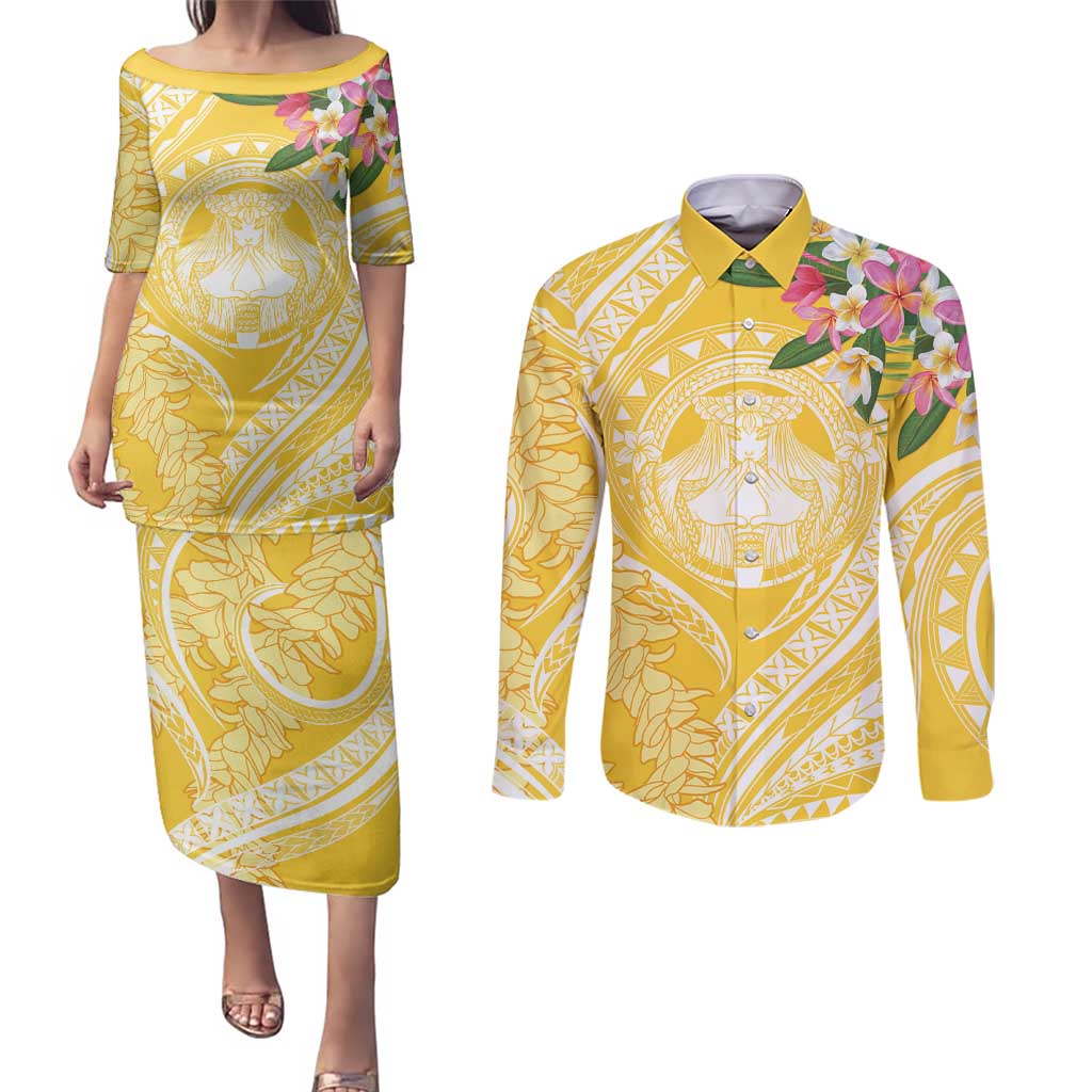 Aloha Hawaii Oahu Couples Matching Puletasi and Long Sleeve Button Shirt Wahine with Ilima Lei LT7 Yellow - Polynesian Pride