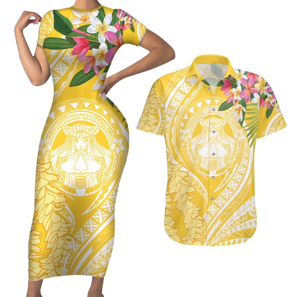 Aloha Hawaii Oahu Couples Matching Short Sleeve Bodycon Dress and Hawaiian Shirt Wahine with Ilima Lei LT7 Yellow - Polynesian Pride