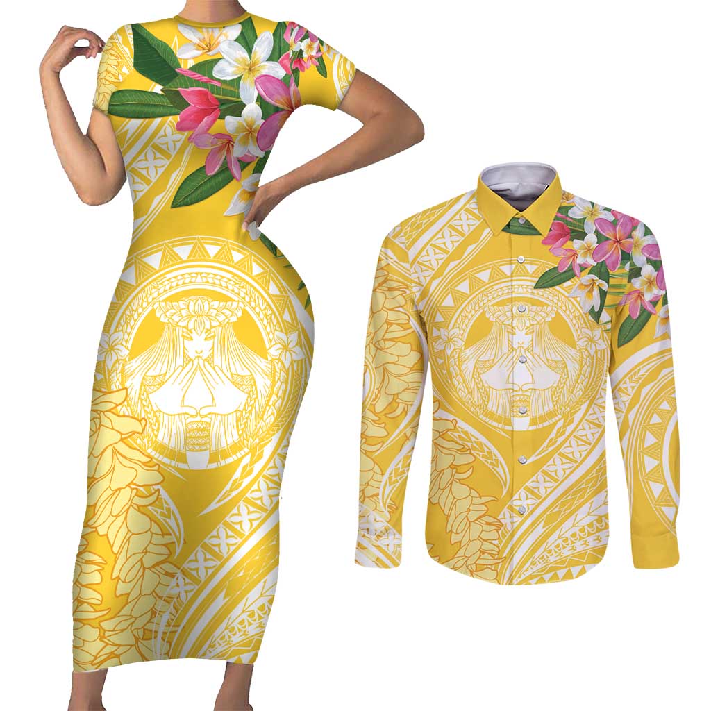 Aloha Hawaii Oahu Couples Matching Short Sleeve Bodycon Dress and Long Sleeve Button Shirt Wahine with Ilima Lei LT7 Yellow - Polynesian Pride