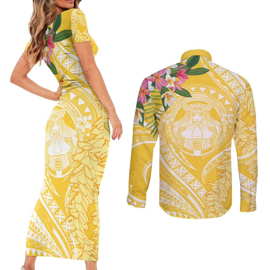 Aloha Hawaii Oahu Couples Matching Short Sleeve Bodycon Dress and Long Sleeve Button Shirt Wahine with Ilima Lei LT7 - Polynesian Pride