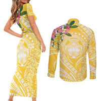 Aloha Hawaii Oahu Couples Matching Short Sleeve Bodycon Dress and Long Sleeve Button Shirt Wahine with Ilima Lei LT7 - Polynesian Pride