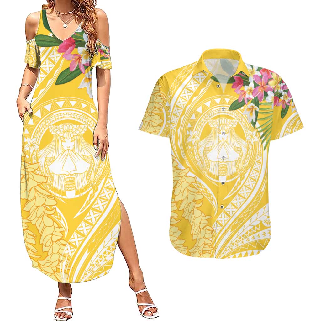Aloha Hawaii Oahu Couples Matching Summer Maxi Dress and Hawaiian Shirt Wahine with Ilima Lei LT7 Yellow - Polynesian Pride