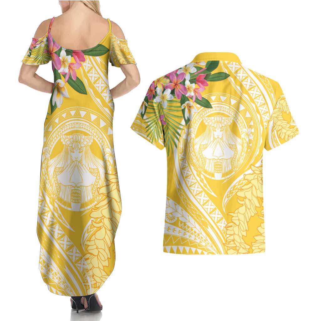 Aloha Hawaii Oahu Couples Matching Summer Maxi Dress and Hawaiian Shirt Wahine with Ilima Lei LT7 - Polynesian Pride