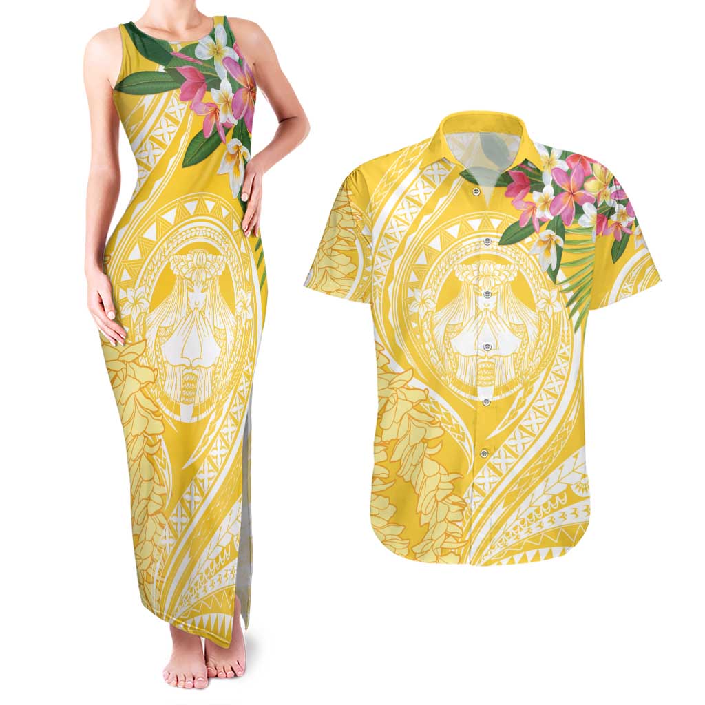 Aloha Hawaii Oahu Couples Matching Tank Maxi Dress and Hawaiian Shirt Wahine with Ilima Lei LT7 Yellow - Polynesian Pride