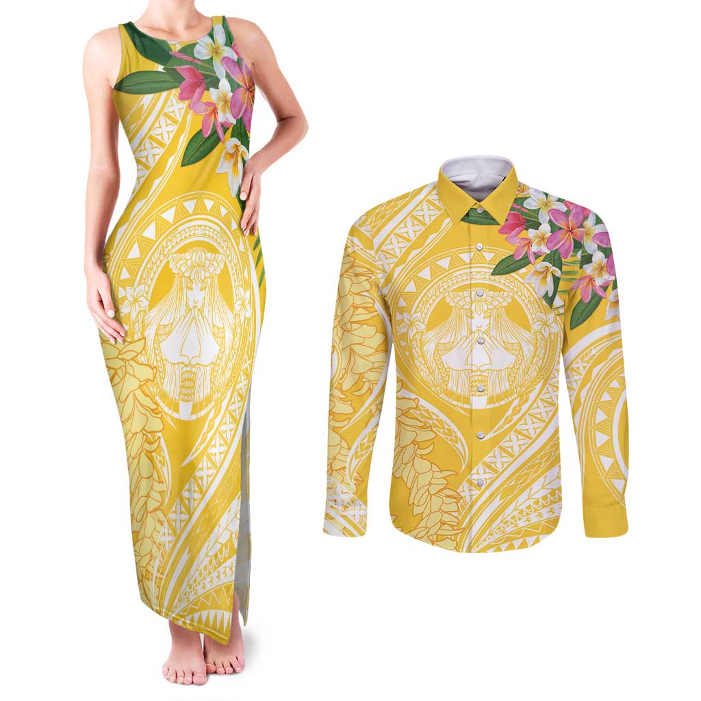 Aloha Hawaii Oahu Couples Matching Tank Maxi Dress and Long Sleeve Button Shirt Wahine with Ilima Lei LT7 Yellow - Polynesian Pride