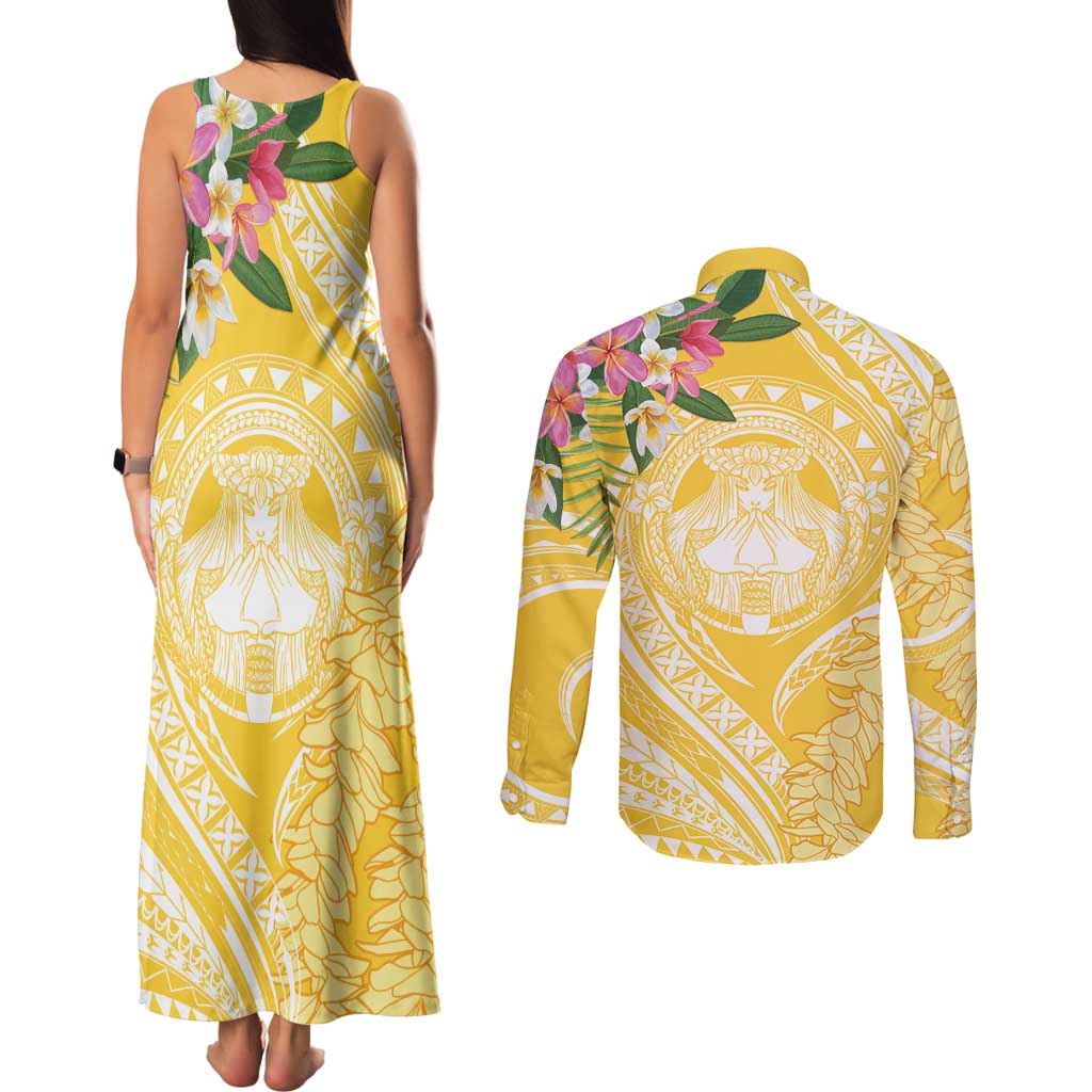 Aloha Hawaii Oahu Couples Matching Tank Maxi Dress and Long Sleeve Button Shirt Wahine with Ilima Lei LT7 - Polynesian Pride