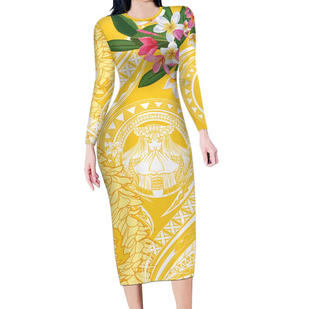 Aloha Hawaii Oahu Family Matching Long Sleeve Bodycon Dress and Hawaiian Shirt Wahine with Ilima Lei LT7 Mom's Dress Yellow - Polynesian Pride