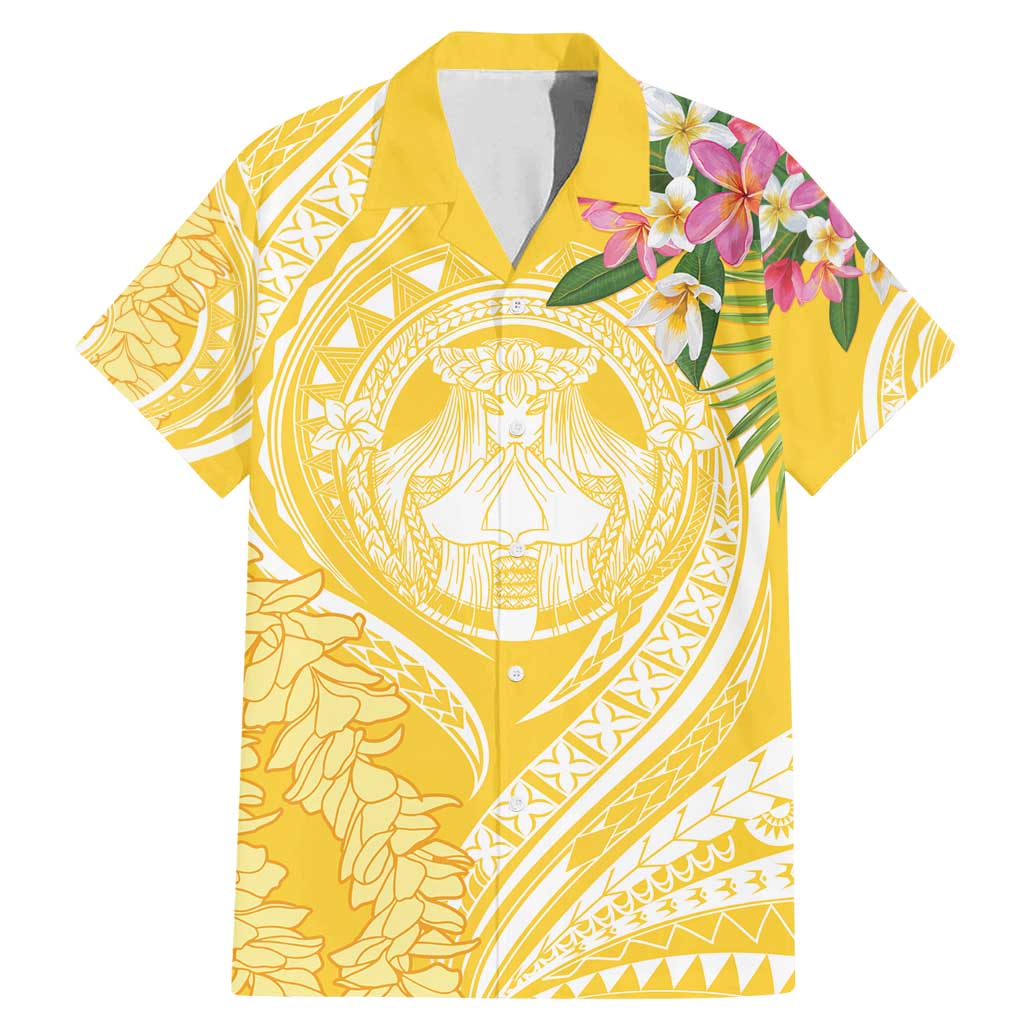 Aloha Hawaii Oahu Family Matching Mermaid Dress and Hawaiian Shirt Wahine with Ilima Lei LT7 Dad's Shirt - Short Sleeve Yellow - Polynesian Pride