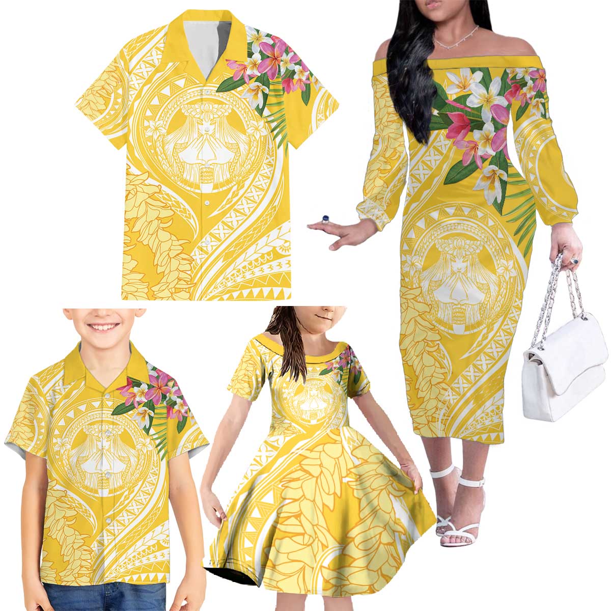 Aloha Hawaii Oahu Family Matching Off The Shoulder Long Sleeve Dress and Hawaiian Shirt Wahine with Ilima Lei LT7 Yellow - Polynesian Pride
