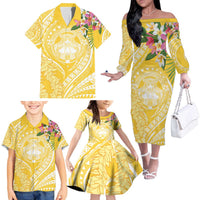 Aloha Hawaii Oahu Family Matching Off The Shoulder Long Sleeve Dress and Hawaiian Shirt Wahine with Ilima Lei LT7 Yellow - Polynesian Pride