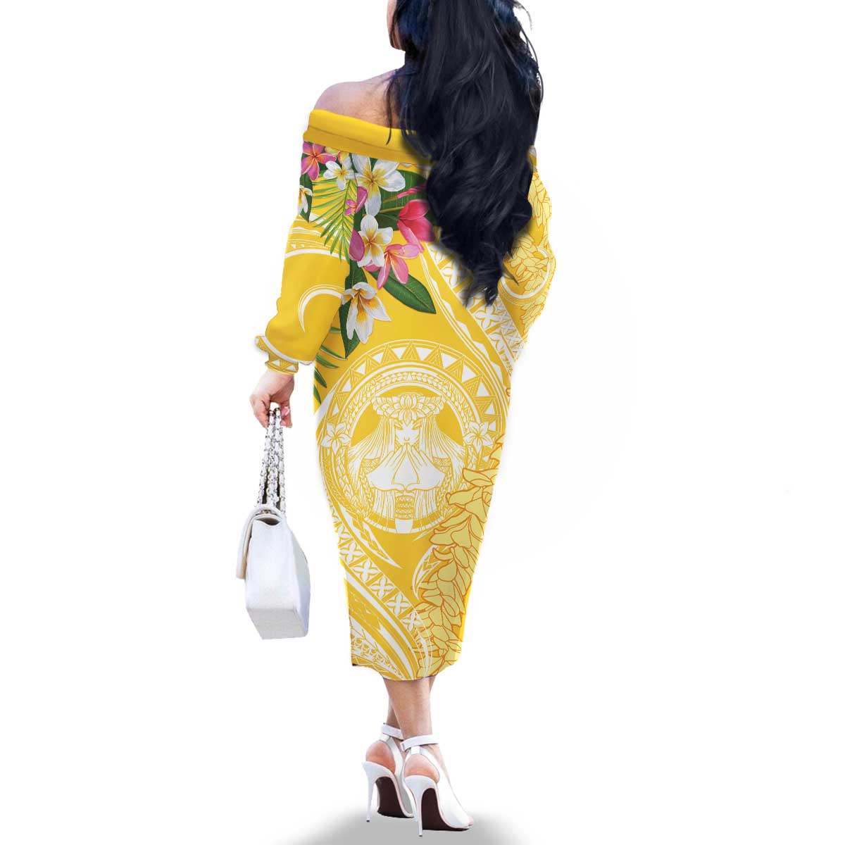Aloha Hawaii Oahu Family Matching Off The Shoulder Long Sleeve Dress and Hawaiian Shirt Wahine with Ilima Lei LT7 - Polynesian Pride