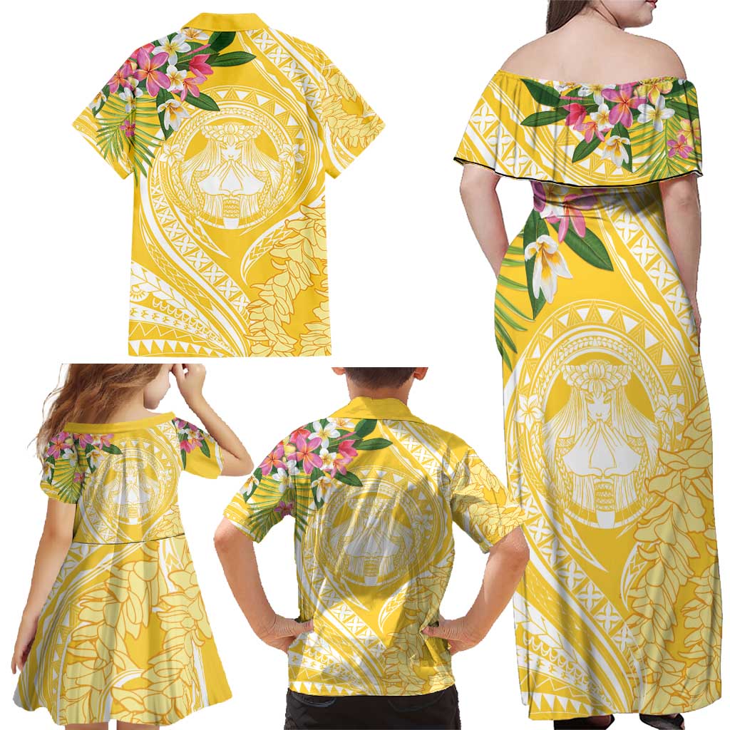 Aloha Hawaii Oahu Family Matching Off Shoulder Maxi Dress and Hawaiian Shirt Wahine with Ilima Lei LT7 - Polynesian Pride