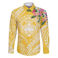 Aloha Hawaii Oahu Family Matching Off Shoulder Maxi Dress and Hawaiian Shirt Wahine with Ilima Lei LT7 Dad's Shirt - Long Sleeve Yellow - Polynesian Pride