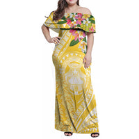 Aloha Hawaii Oahu Family Matching Off Shoulder Maxi Dress and Hawaiian Shirt Wahine with Ilima Lei LT7 Mom's Dress Yellow - Polynesian Pride