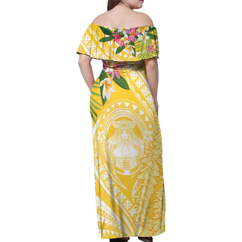 Aloha Hawaii Oahu Family Matching Off Shoulder Maxi Dress and Hawaiian Shirt Wahine with Ilima Lei LT7 - Polynesian Pride