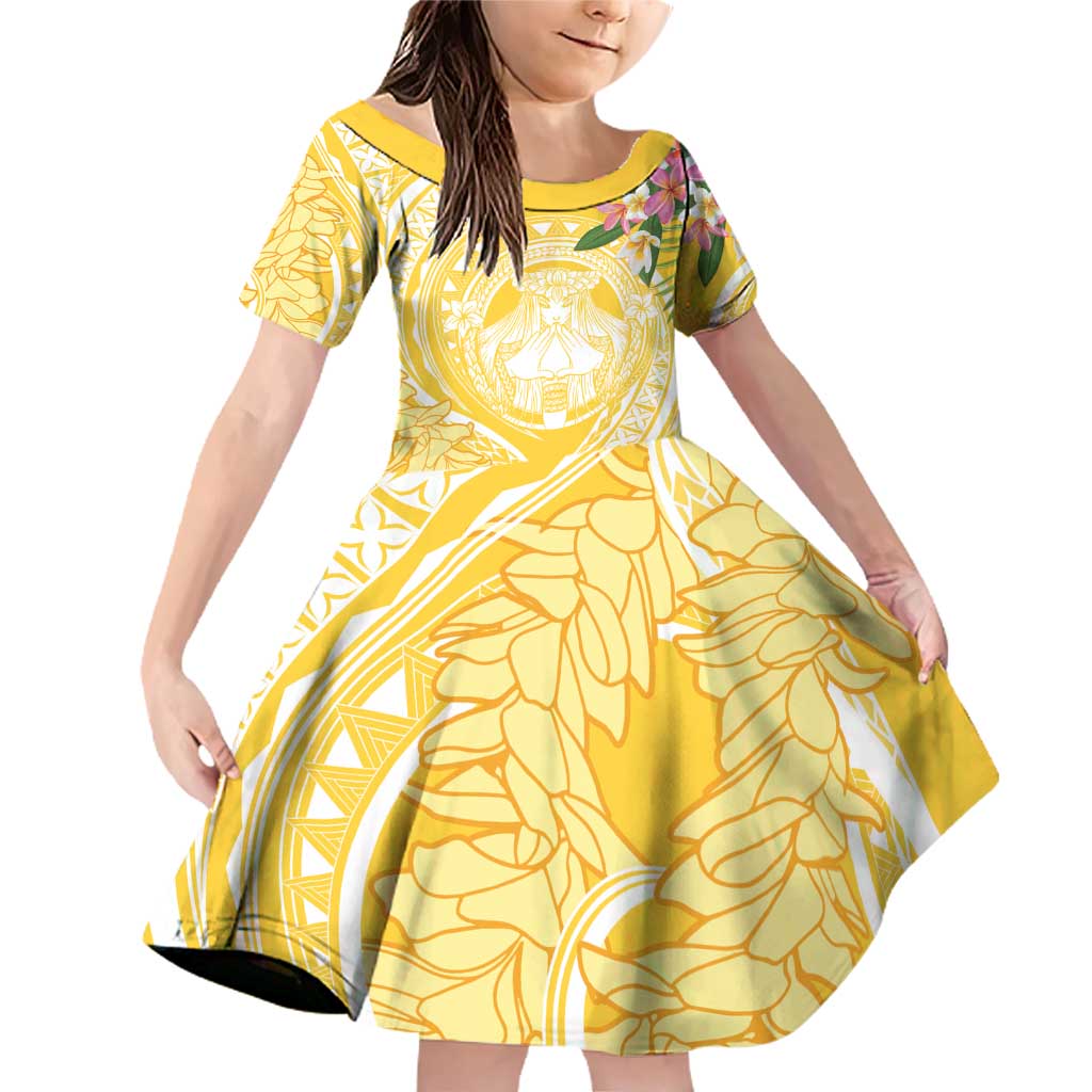 Aloha Hawaii Oahu Family Matching Off Shoulder Short Dress and Hawaiian Shirt Wahine with Ilima Lei LT7 Daughter's Dress Yellow - Polynesian Pride