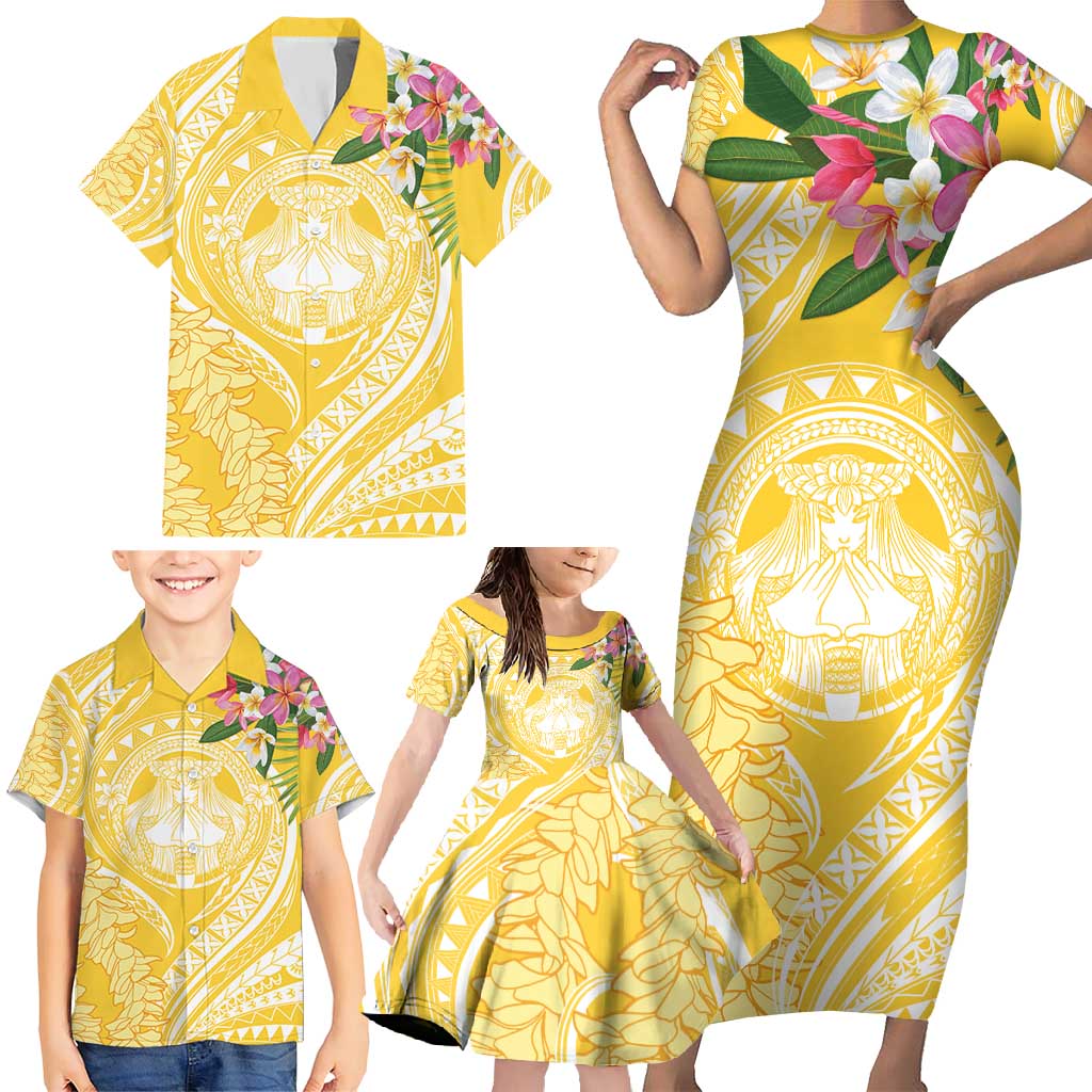 Aloha Hawaii Oahu Family Matching Short Sleeve Bodycon Dress and Hawaiian Shirt Wahine with Ilima Lei LT7 - Polynesian Pride