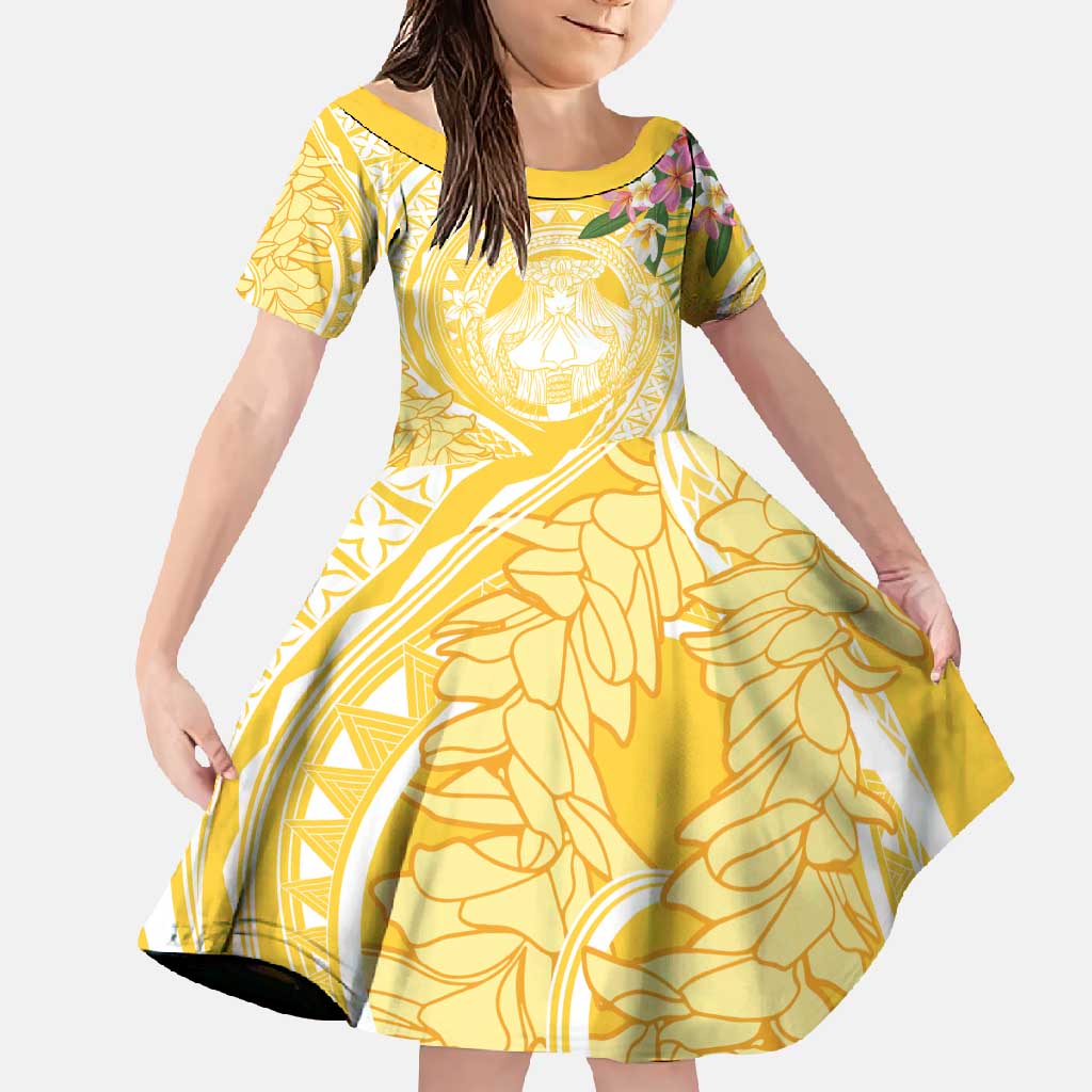 Aloha Hawaii Oahu Family Matching Tank Maxi Dress and Hawaiian Shirt Wahine with Ilima Lei LT7 Daughter's Dress Yellow - Polynesian Pride