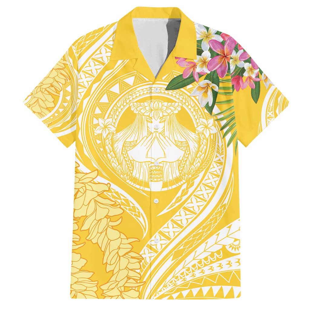 Aloha Hawaii Oahu Family Matching Tank Maxi Dress and Hawaiian Shirt Wahine with Ilima Lei LT7 Dad's Shirt - Short Sleeve Yellow - Polynesian Pride