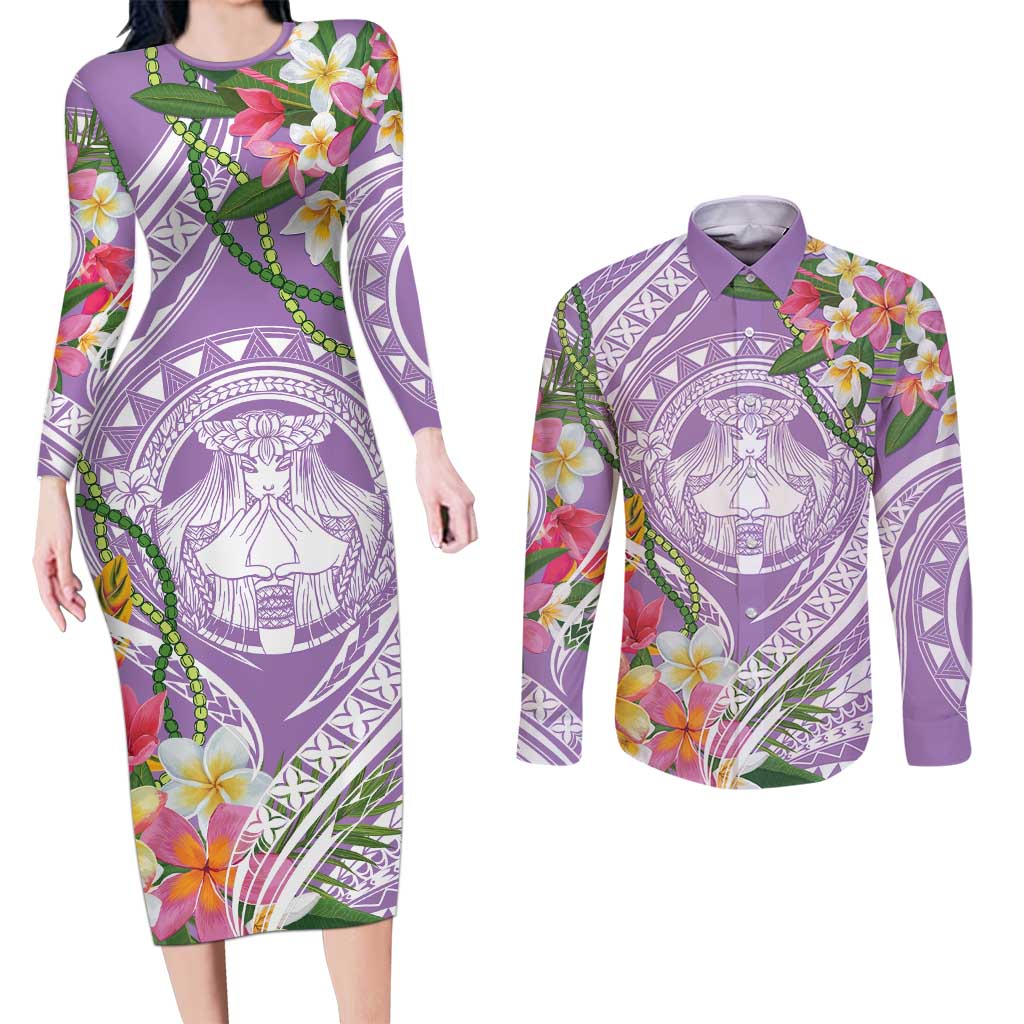 Aloha Hawaii Kauai Couples Matching Long Sleeve Bodycon Dress and Long Sleeve Button Shirt Frangipani Mix Mokihana Lei LT7 Purple - Polynesian Pride