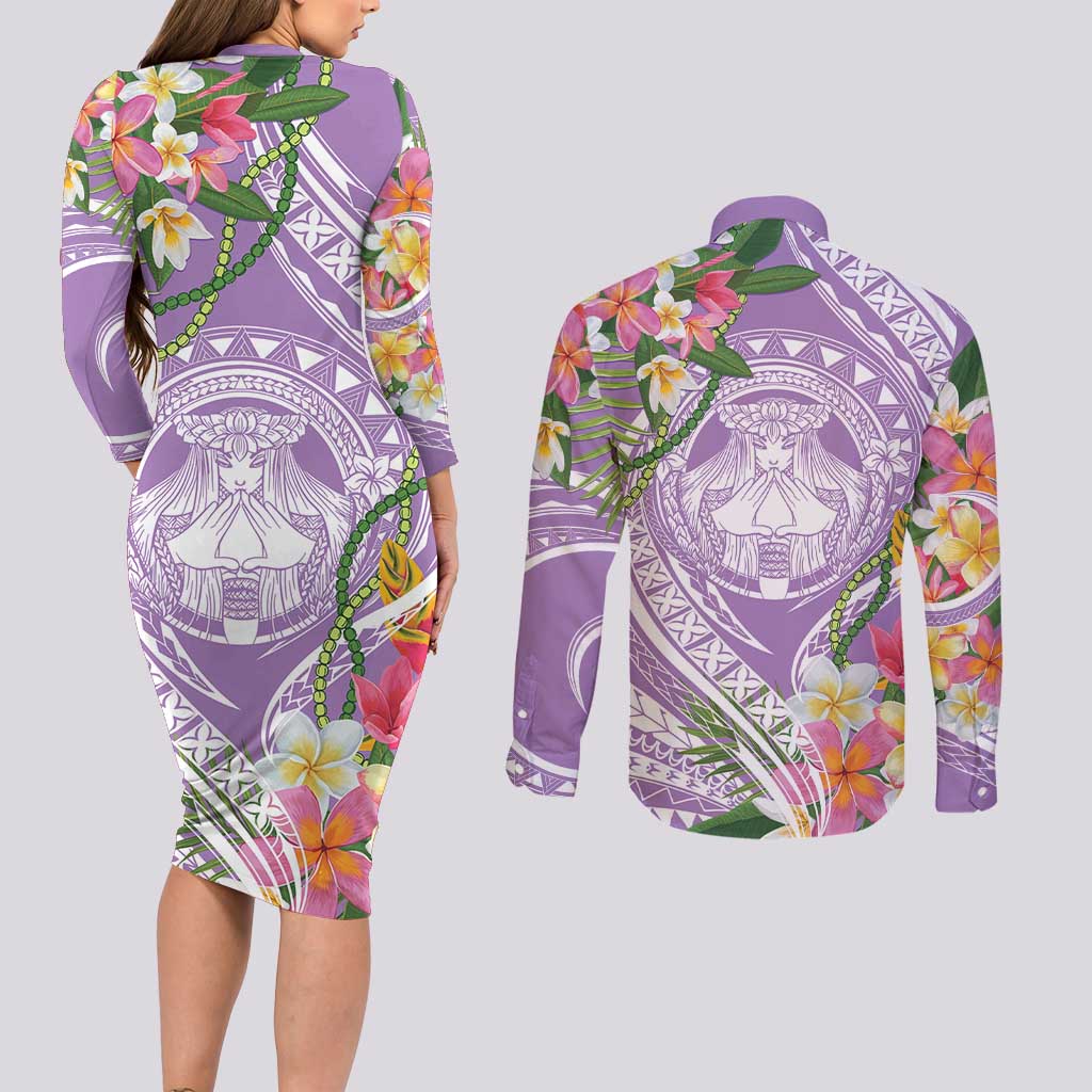 Aloha Hawaii Kauai Couples Matching Long Sleeve Bodycon Dress and Long Sleeve Button Shirt Frangipani Mix Mokihana Lei LT7 - Polynesian Pride