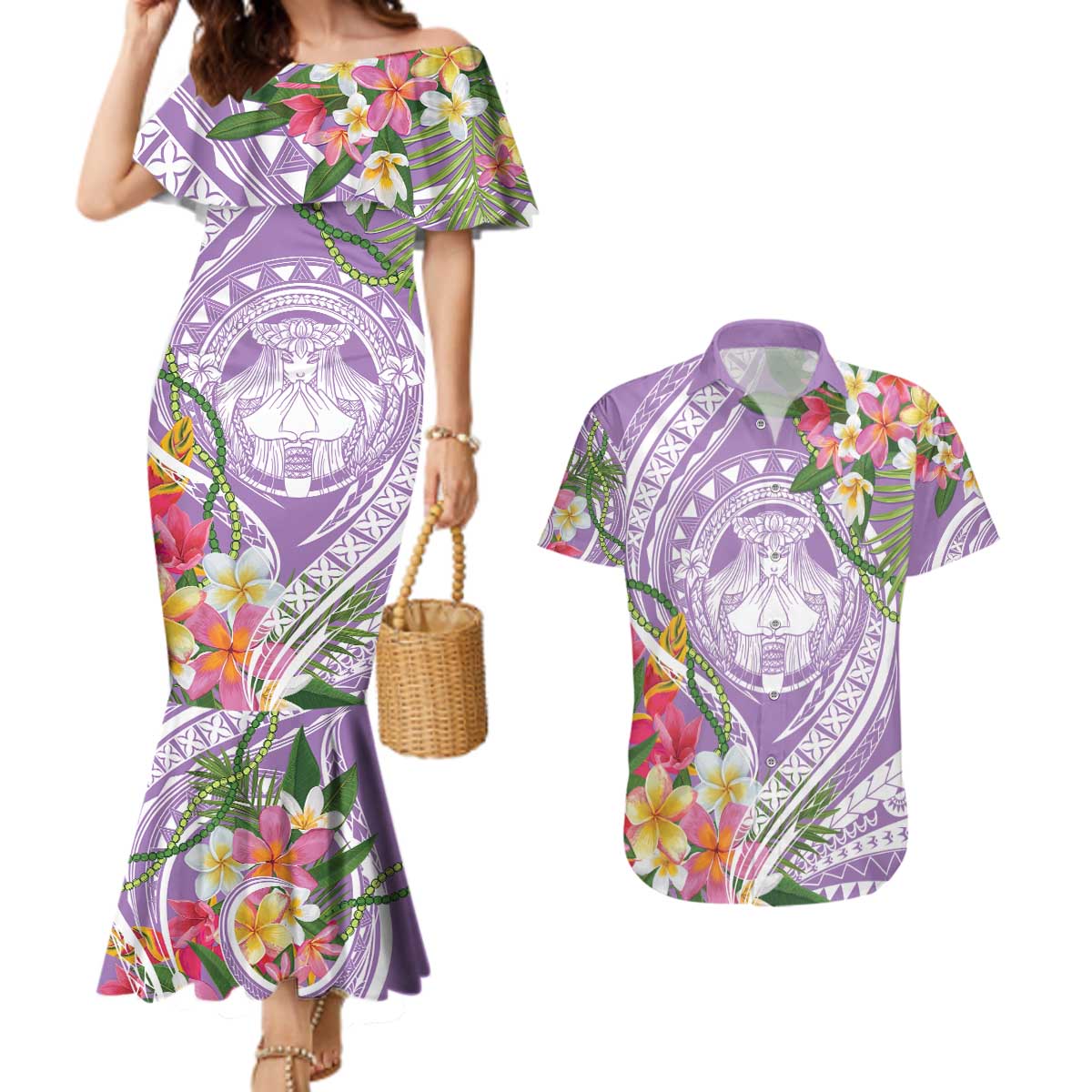 Aloha Hawaii Kauai Couples Matching Mermaid Dress and Hawaiian Shirt Frangipani Mix Mokihana Lei LT7 Purple - Polynesian Pride