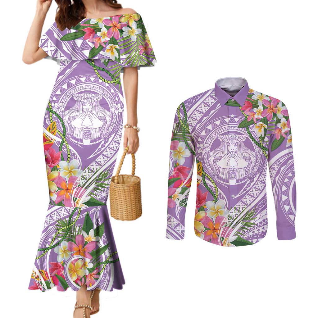Aloha Hawaii Kauai Couples Matching Mermaid Dress and Long Sleeve Button Shirt Frangipani Mix Mokihana Lei LT7 Purple - Polynesian Pride