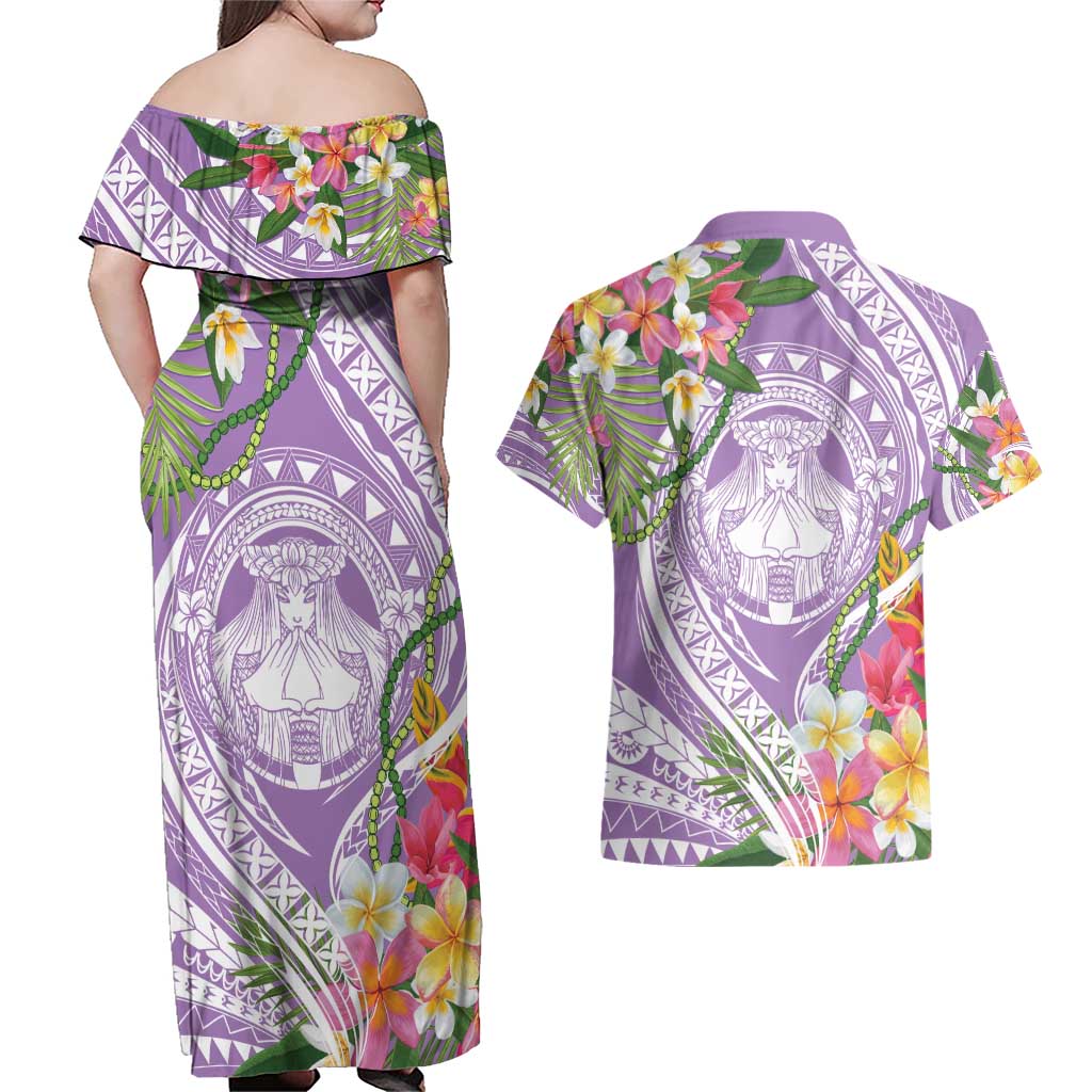 Aloha Hawaii Kauai Couples Matching Off Shoulder Maxi Dress and Hawaiian Shirt Frangipani Mix Mokihana Lei LT7 - Polynesian Pride