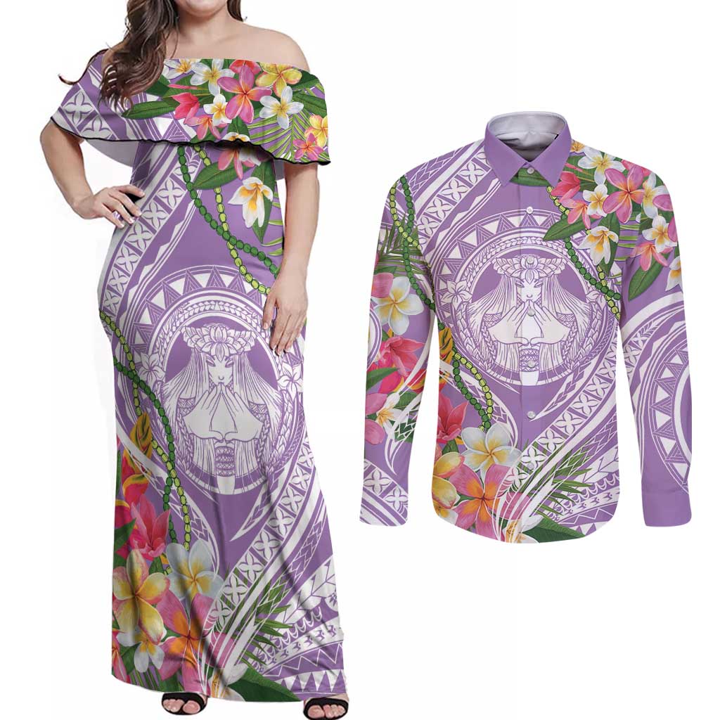 Aloha Hawaii Kauai Couples Matching Off Shoulder Maxi Dress and Long Sleeve Button Shirt Frangipani Mix Mokihana Lei LT7 Purple - Polynesian Pride