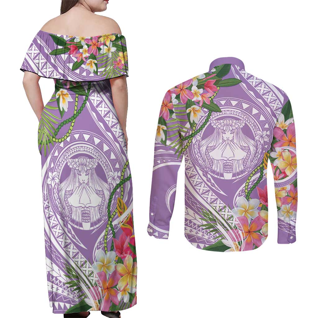 Aloha Hawaii Kauai Couples Matching Off Shoulder Maxi Dress and Long Sleeve Button Shirt Frangipani Mix Mokihana Lei LT7 - Polynesian Pride