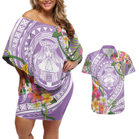 Aloha Hawaii Kauai Couples Matching Off Shoulder Short Dress and Hawaiian Shirt Frangipani Mix Mokihana Lei LT7 Purple - Polynesian Pride