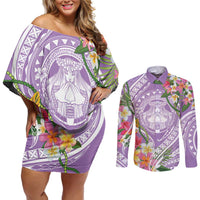 Aloha Hawaii Kauai Couples Matching Off Shoulder Short Dress and Long Sleeve Button Shirt Frangipani Mix Mokihana Lei LT7 Purple - Polynesian Pride