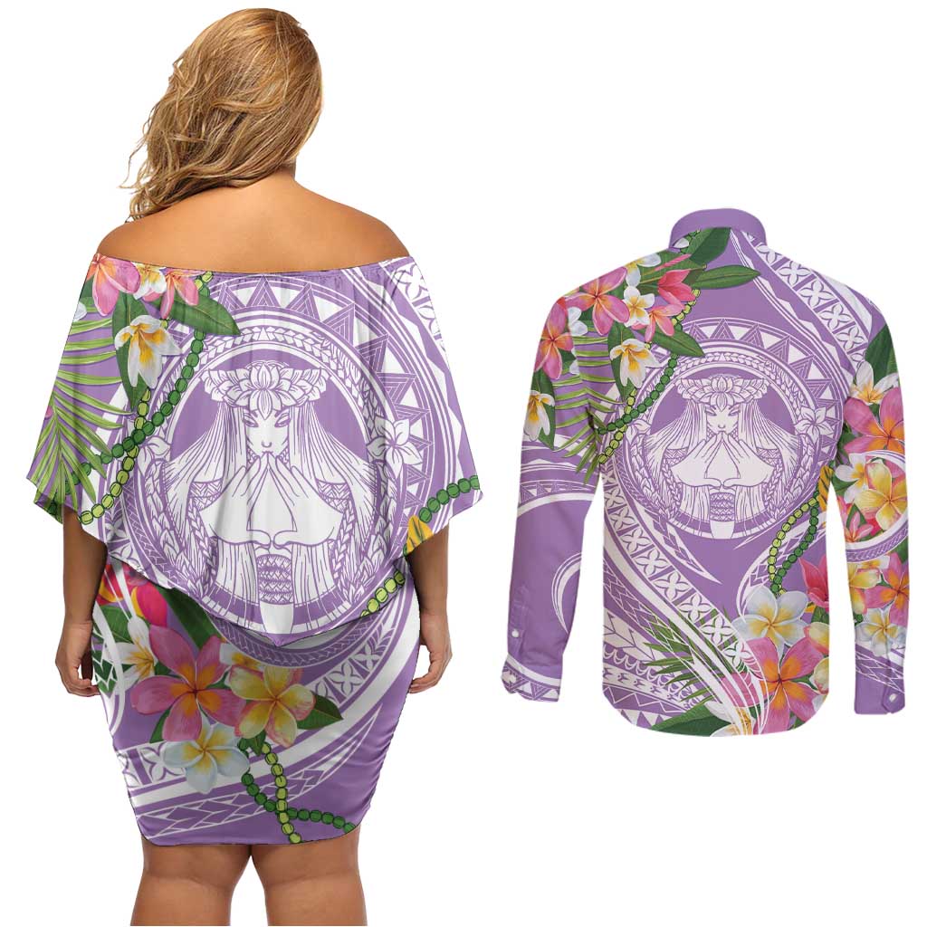 Aloha Hawaii Kauai Couples Matching Off Shoulder Short Dress and Long Sleeve Button Shirt Frangipani Mix Mokihana Lei LT7 - Polynesian Pride