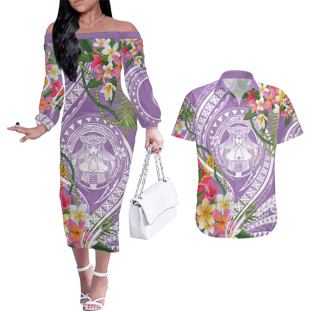 Aloha Hawaii Kauai Couples Matching Off The Shoulder Long Sleeve Dress and Hawaiian Shirt Frangipani Mix Mokihana Lei LT7 Purple - Polynesian Pride