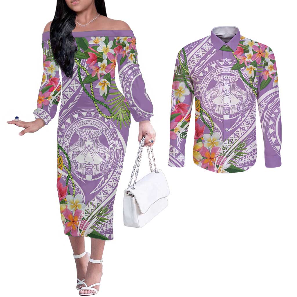 Aloha Hawaii Kauai Couples Matching Off The Shoulder Long Sleeve Dress and Long Sleeve Button Shirt Frangipani Mix Mokihana Lei LT7 Purple - Polynesian Pride