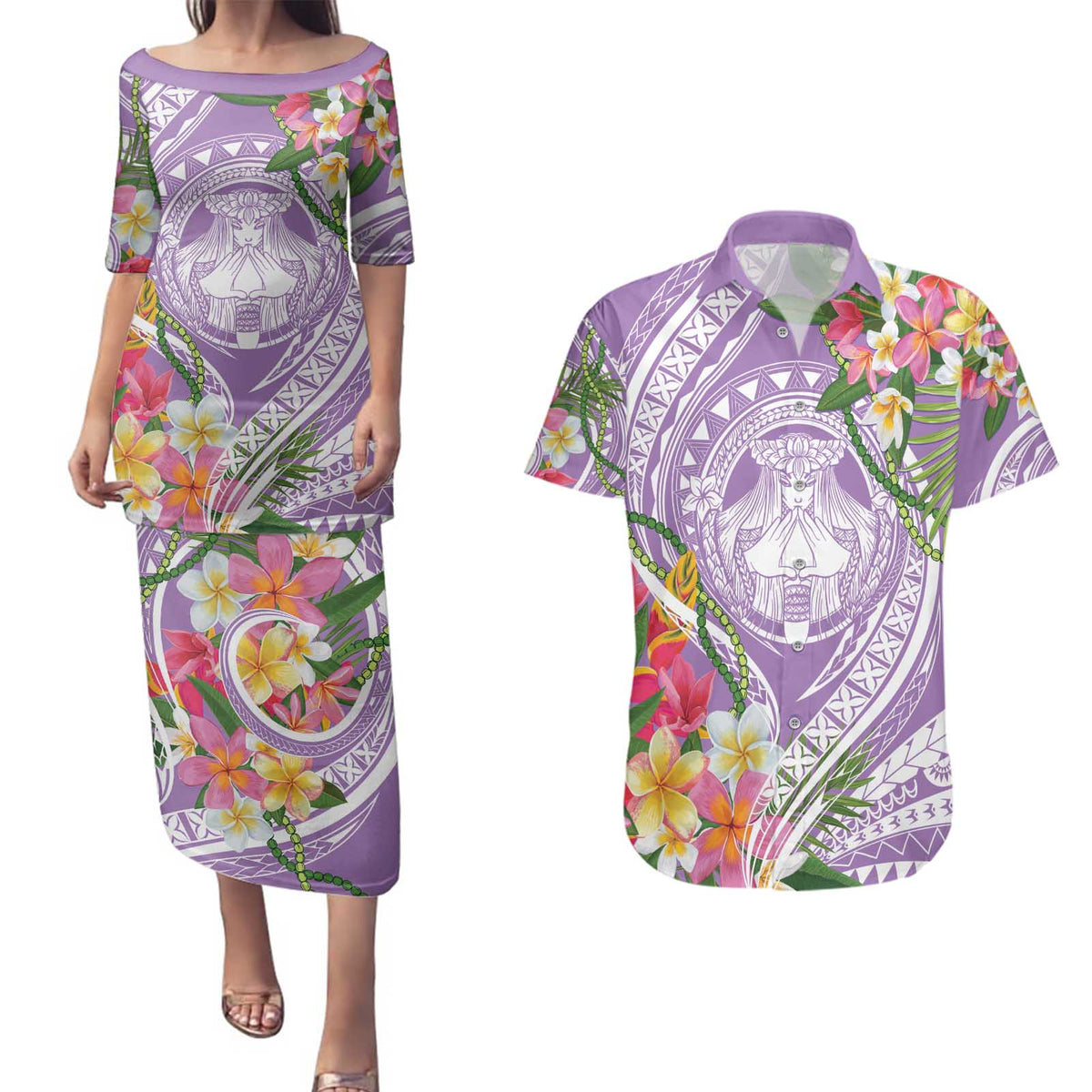 Aloha Hawaii Kauai Couples Matching Puletasi and Hawaiian Shirt Frangipani Mix Mokihana Lei LT7 Purple - Polynesian Pride