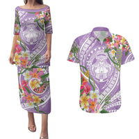 Aloha Hawaii Kauai Couples Matching Puletasi and Hawaiian Shirt Frangipani Mix Mokihana Lei LT7 Purple - Polynesian Pride